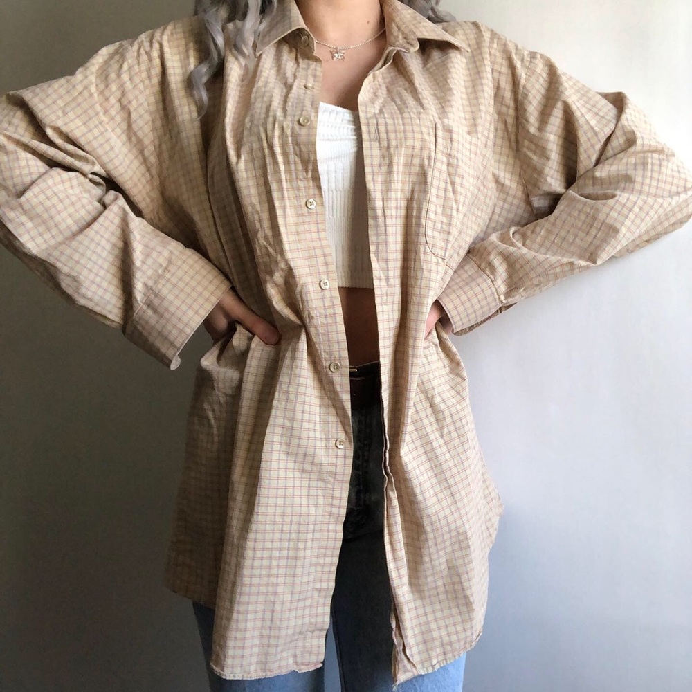 Vintage Tan Plaid Collared Button Up Shirt